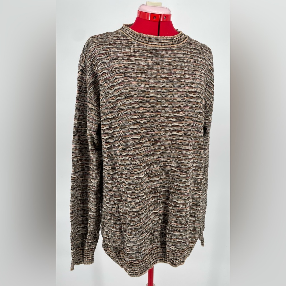 Tom James Made In Italy Crew Neck Textured Knit Multi-color Wave Pattern Sweater